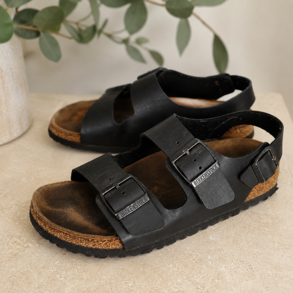 Birkenstock Milano Oiled Leather Sandals Backstrap Black Gray EU 39/US 8 Shoes